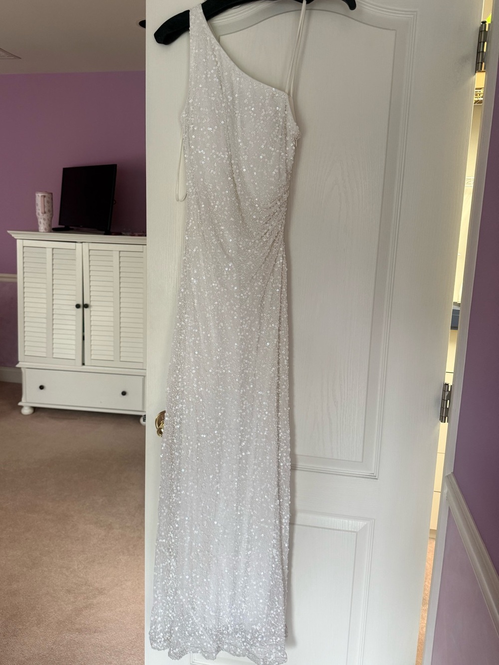 Sequin One-Shoulder White Evening Gown